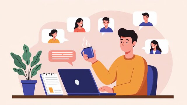 Flat vector a man is working remotely from home, using a laptop for online meetings and communication, while enjoying a cup of coffee and staying connected through virtual networks