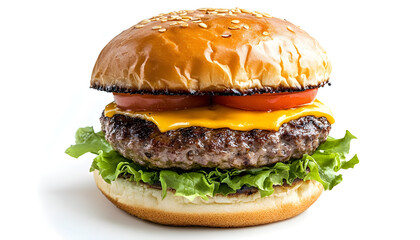 Luxury food photography, hyperrealistic burger depicted on white background