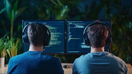 Two Coders With Headphones Working On Dual Monitors, Programming ,Developers