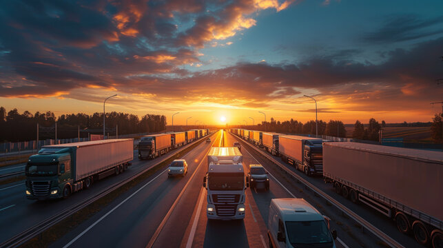 Trucks on a multilane highway during a vibrant sunset sky, transport industry, logistics in motion.