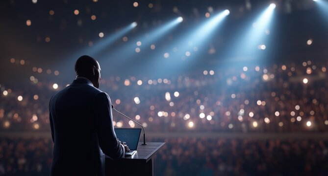 A Black man standing at the podium, giving an award speech in front of hundreds of audience members on stage with bright lights shining down on him Generative AI