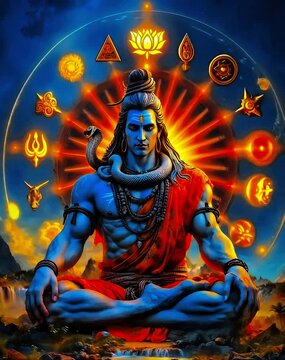 Indian Hindu God Lord Shiva meditating in lotus position with cosmic halo, blue skin, cobra, orange dhoti. Yoga, spirituality, religion, meditation, divine, mythology, worship, enlightenment, divine.