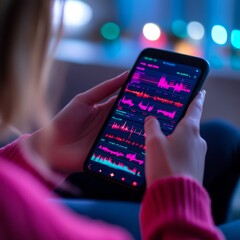 Woman checks financial chart on smartphone with pink graphs ,Investing,Finance