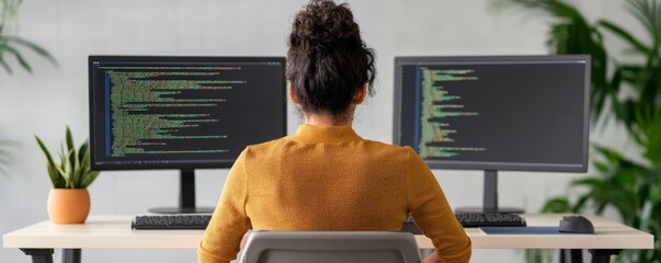 Woman Coding, Back View Dual Monitors Displaying Code Lines, Workplace ,Developer
