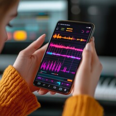 Woman Hands Holding Phone Displaying Sound Waves, MusicApp, Audio Editing