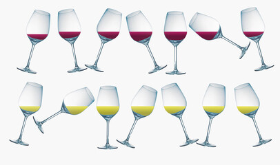 Wine, both red and white , is seen in stemware wine glasses isolated on a white background in a 3-d illustration.