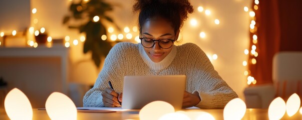 Woman Studying at Night with Warm Lights,Education ,Homework