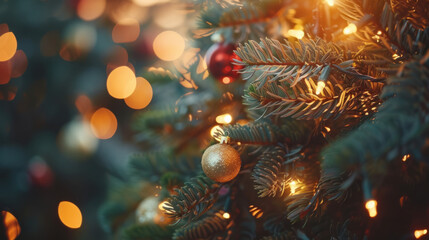 Fototapeta premium Festive holiday tree adorned with twinkling string lights and colorful ornaments bringing cheer to the season.