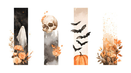 Watercolor Halloween Collage with Ghost, Skull, Bats, and Pumpkin