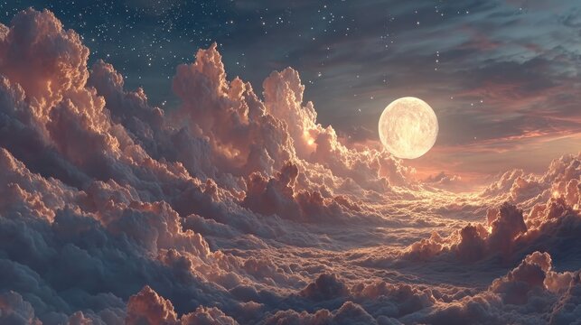 Full moon and starry night sky with clouds meditation motion background glowing and shiny stars relaxing social media design element
