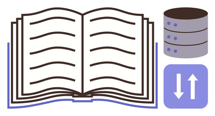 Open book signifies knowledge, database storage represents data, and arrows illustrate transfer. Ideal for education, technology, analysis, database management, learning, cloud computing and digital