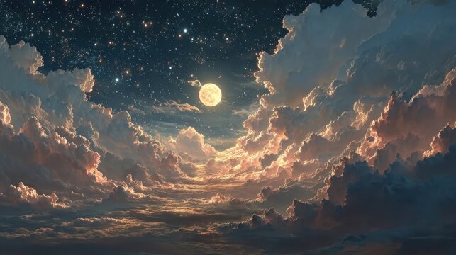 Full moon and starry night sky with clouds meditation motion background glowing and shiny stars relaxing social media design element