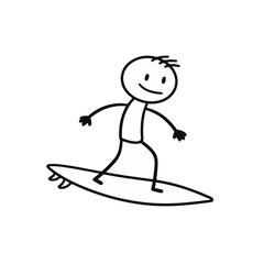 Fototapeta premium Stick figure character surfing on a wave with a joyful expression against a white background, fun concept of beach sports or leisure activities