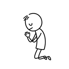 Stick figure person kneeling with hands clasped in prayer against a blank white background, reflective concept of spirituality or wellness