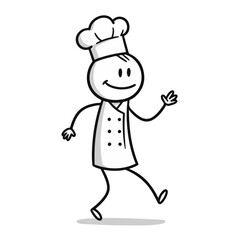 Fototapeta premium Smiling stick figure chef waving enthusiastically while walking in a playful doodle style against a simple white background, food service concept of restaurants or culinary school