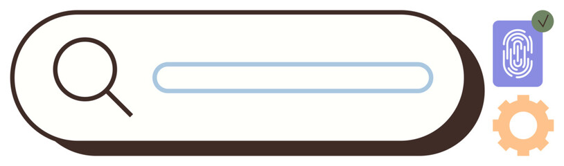 Obraz premium Search bar with magnifying glass, fingerprint scanner, verified checkmark, and settings gear icon. Ideal for security, search, authentication, privacy technology innovation and simplicity. Minimal