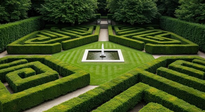 Formal garden maze with fountain