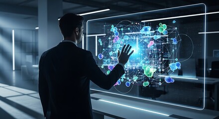 Businessman Interacting with AI Data Network

