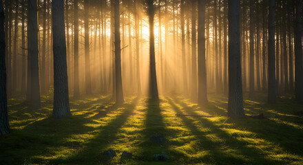 Fototapeta premium Sunlight through trees forest scene nature photography landscape woodland environment scenic outdoors light rays