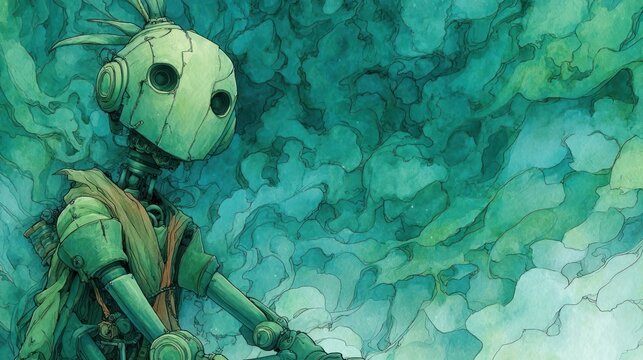 Watercolor robot with jointed neck, surrounded by smoky green brushwork, ethereal art