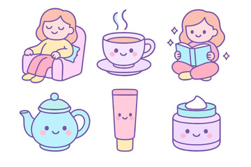 Kawaii pastel icons of personal care: relaxing, drinking tea, and reading book. Fully filled pastel colors perfect for homemaker lifestyle illustrations.