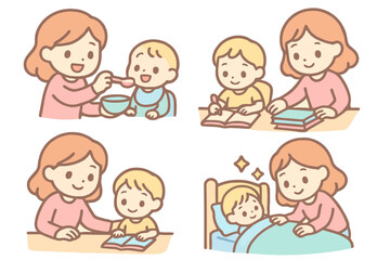 Cute cartoon pastel icons representing motherhood and daily care like feeding and bedtime. Ideal for homemaker stock sticker sets and family-themed designs.

