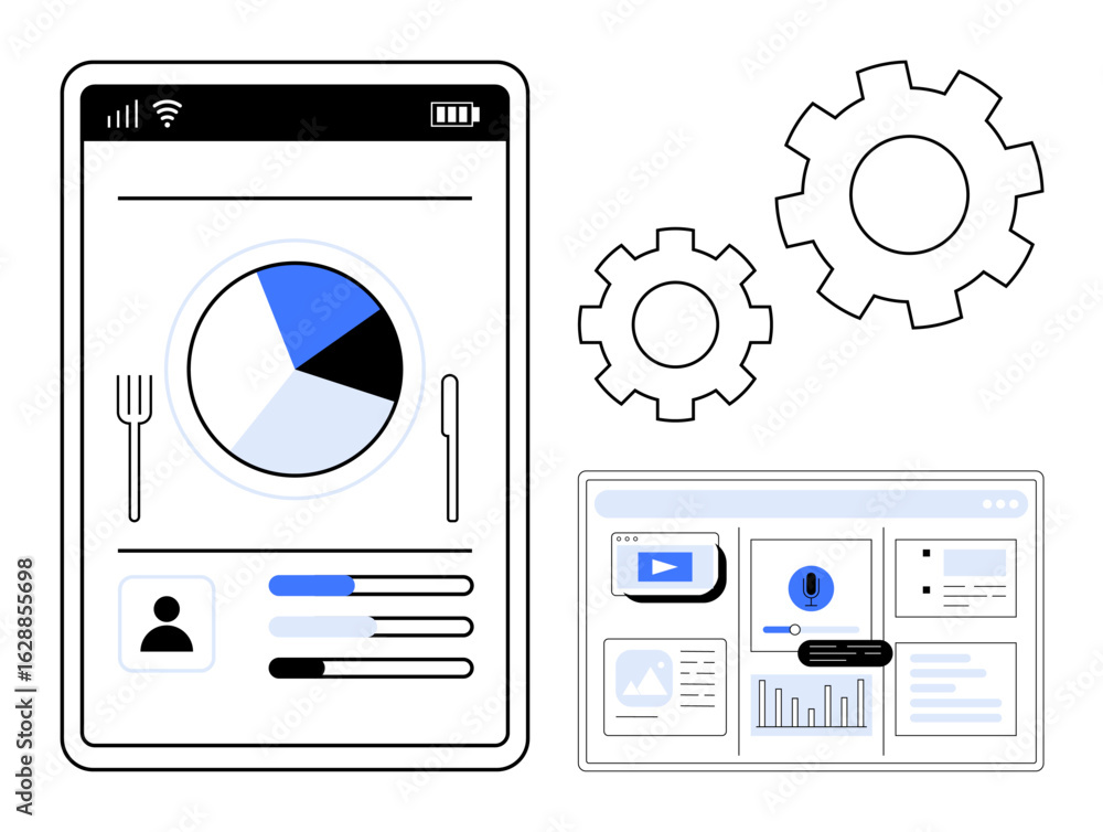Fototapete mobile app interface with a pie chart, user profile, and progress bars, coupled with gear icons and 
