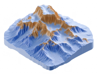 Detailed 3D topographic model of mountain range showcases intricate elevations and valleys, highlighting natural beauty of landscape. varying shades of blue and brown represent different altitudes