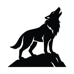 Howling Wolf Silhouette on Rock - Wild Animal Vector Illustration.eps