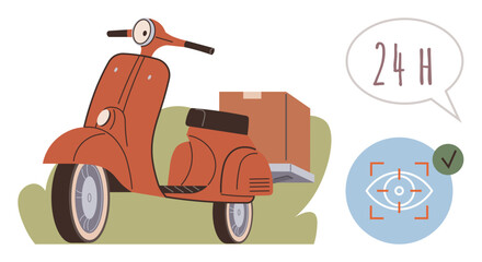 Red scooter with rear delivery box, speech bubble stating 24H, eye focus icon, and check mark. Ideal for delivery, logistics, speed, time efficiency convenience service transportation. Simple flat