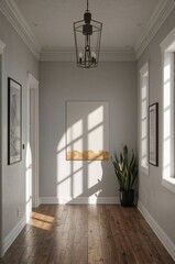 create a scene for a poster mockup with different times of day and lighting as well as location - in a hall way 