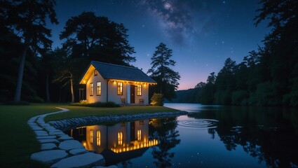 a serene small cottage with a gently sloping roof and warm golden lighting spilling from its windows stands alone on the tranquil lake's edge at night, surrounded by tall trees and lush greenery,