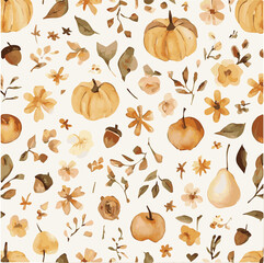 Charming watercolor fall harvest pattern with pumpkins, pears, acorns, and delicate flowers creates...