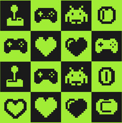 Retro arcade icons joystick controller alien hearts power-up symbols create vibrant pixel art pattern © Tsaeat