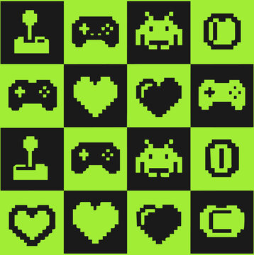 Retro arcade icons joystick controller alien hearts power-up symbols create vibrant pixel art pattern