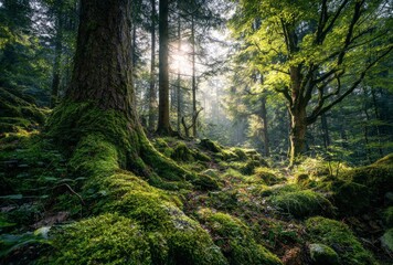Obraz premium Sun-dappled forest floor covered in vibrant green moss, showing a peaceful, natural scene