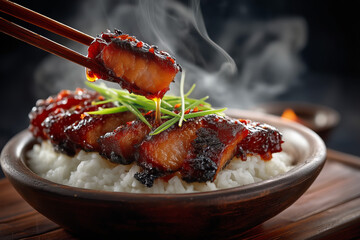 Glazed Cantonese char siu pork slices lifted with chopsticks over steamed rice, close-up with steam, classic Chinese roasted meat dish