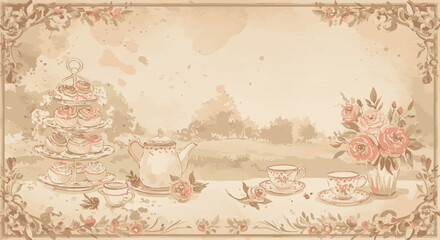 Elegant vintage illustration of a garden tea party with teapot, tiered cake stand, and roses in a classic style.