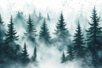 A watercolor landscape featuring a coniferous forest and morning fog was created utilizing Stock technology