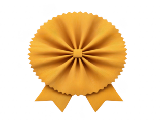 Vibrant yellow award ribbon with pleated texture and two flowing tails, symbolizing achievement and recognition. This decorative element is perfect for celebrations and competitions