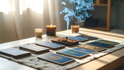 Tarot cards and incense on a table