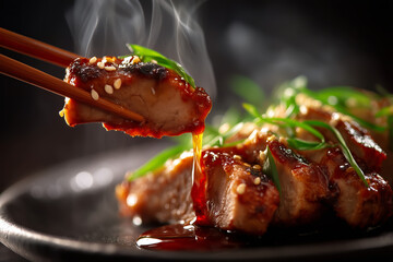 Japanese ginger pork slices glazed with shoga-yaki sauce, chopsticks lifting glistening piece with scallion garnish