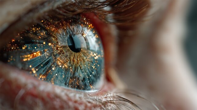 extreme closeup of eye reflecting retro futuristic psychedelic city lights