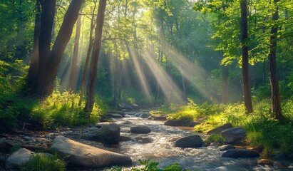 Fototapeta premium A serene spring forest nature landscape is characterized by a beautiful spring stream and river rocks in a mountain forest setting