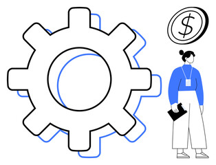 Female figure holding clipboard near a gear and dollar coin, representing teamwork, business management, finance, operations, problem-solving, strategy, and career growth. Minimal flat metaphor