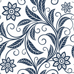 Fototapeta premium Elegant seamless floral pattern featuring hand-drawn blue flowers and swirling leaves, perfect for textiles, wallpapers, and stylish backgrounds.