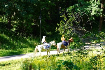 Two individuals on horseback ride along a scenic woodland trail, surrounded by lush greenery and vibrant foliage. The serene outdoor setting emphasizes relaxation and nature connection.