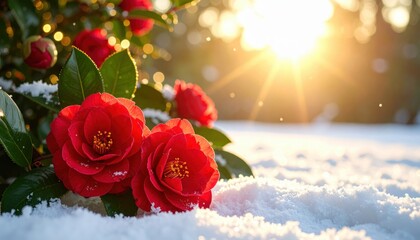 Red camellia flowers blooming in the snow at sunrise, winter floral landscape with frosted petals and golden sunlight, unique seasonal contrast, elegant nature scene, inspirational beauty