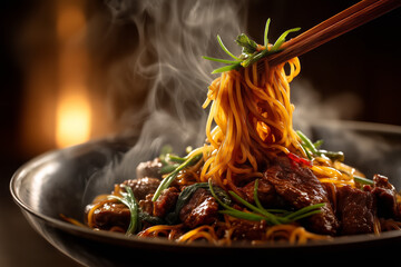Stir-fried rice noodles with beef and oyster sauce, chopsticks lifting tangled noodles, steamy wok-fried Asian dinner