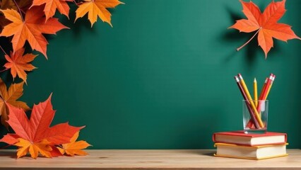 Back to school background with stack of textbooks, pencils and autumn yellow and orange maple leaves on green blackboard